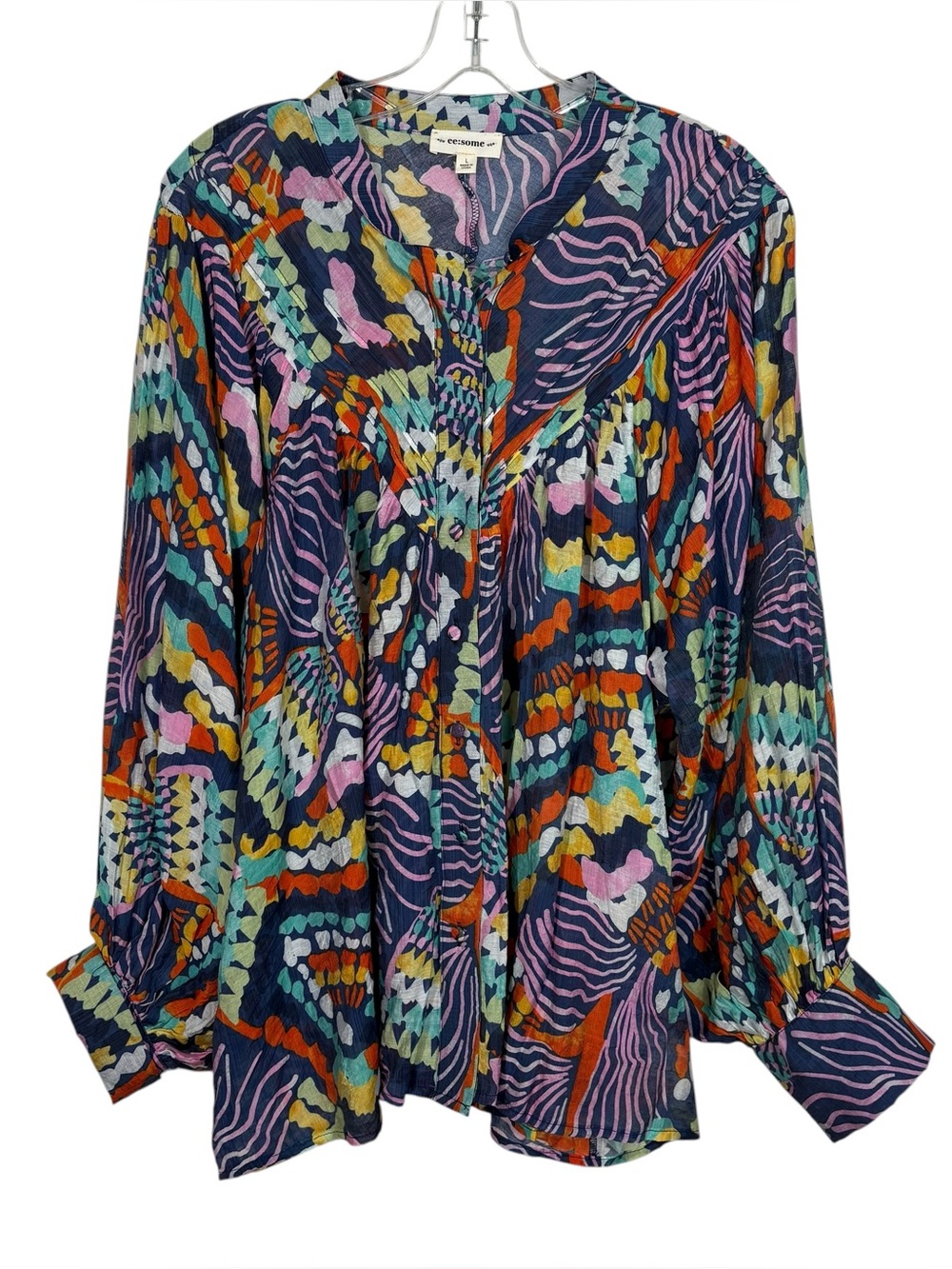 EESome Boutique Colorful Abstract Billowy Sleeve Button Down Blouse Large L